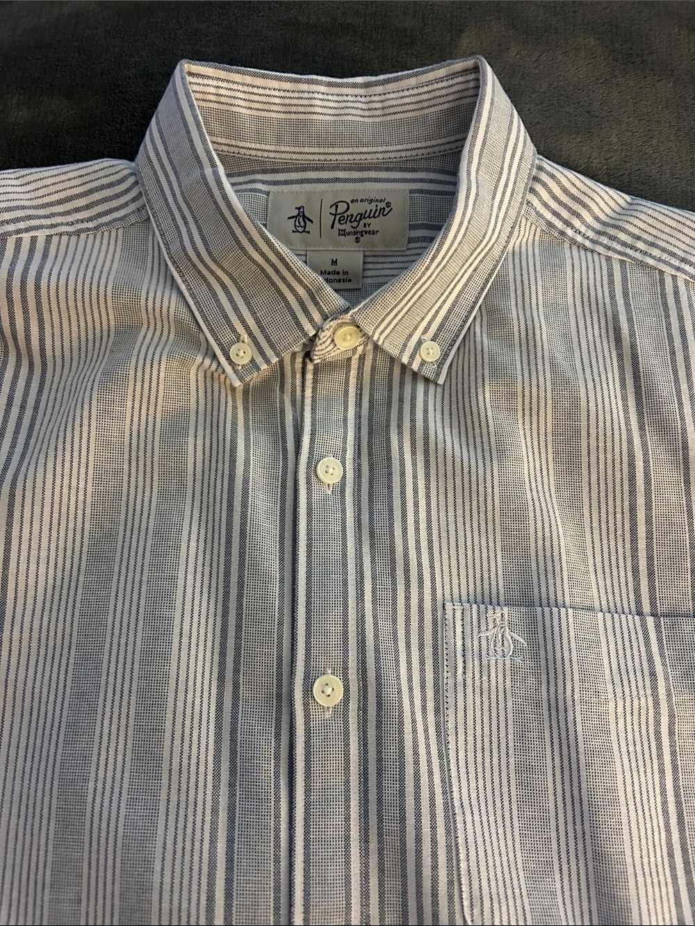 Original Penguin Men’s Short S Gray & White Vertical Stripe Button-Down Shirt